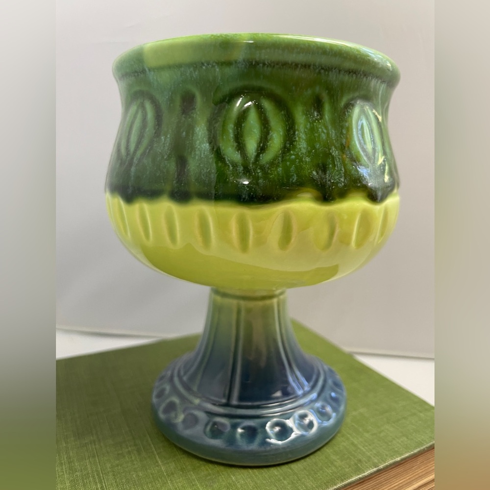 Vintage Wales Ceramics Drip Glaze Pedestal Planter in Green & Blue Made in Japan